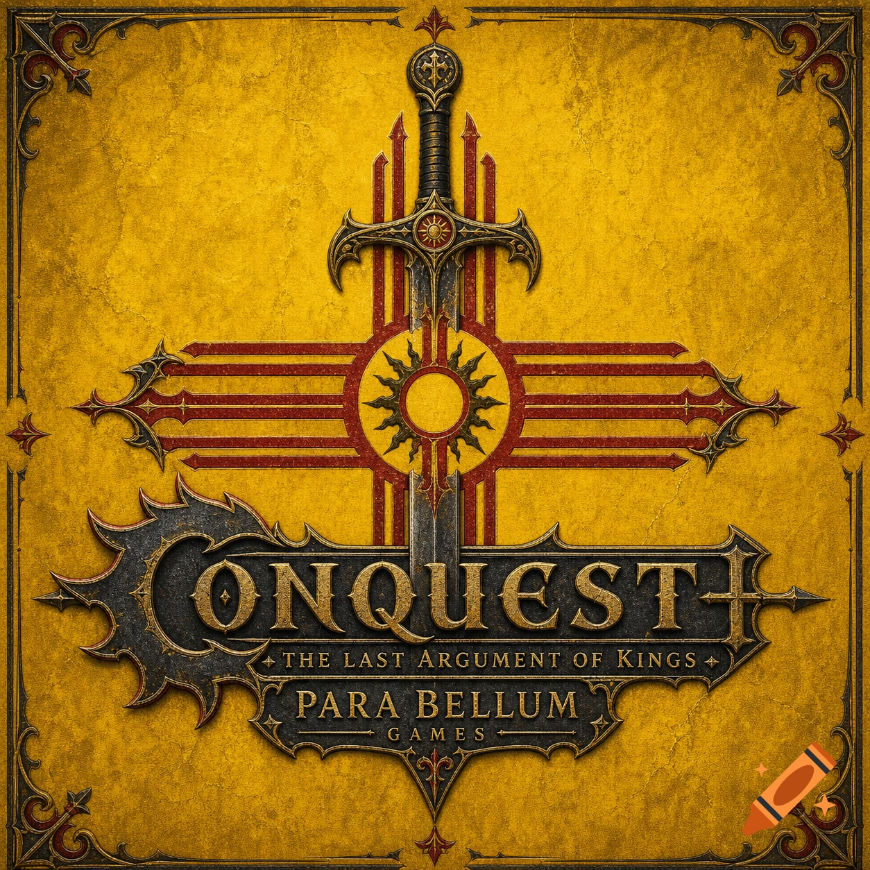 A vintage-style gold and black emblem featuring a sword over a New Mexico flag-like symbol, with 'CONQUEST THE LAST ARGUMENT OF KINGS PARA BELLUM GAMES' text.