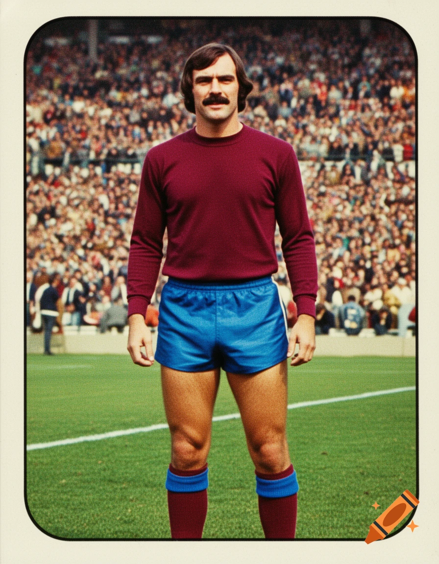 A vintage portrait of a 1970s male soccer player with a mustache, wearing a burgundy long-sleeve shirt and blue shorts on a field with a stadium crowd.