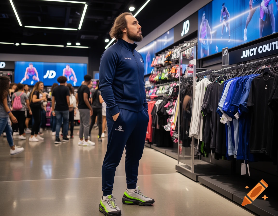 A man in a navy Montirrex tracksuit and Nike Air Max 95s stands in a JD Sports store, looking up at screens displaying athletes. Clothing racks and other shoppers are in the background.