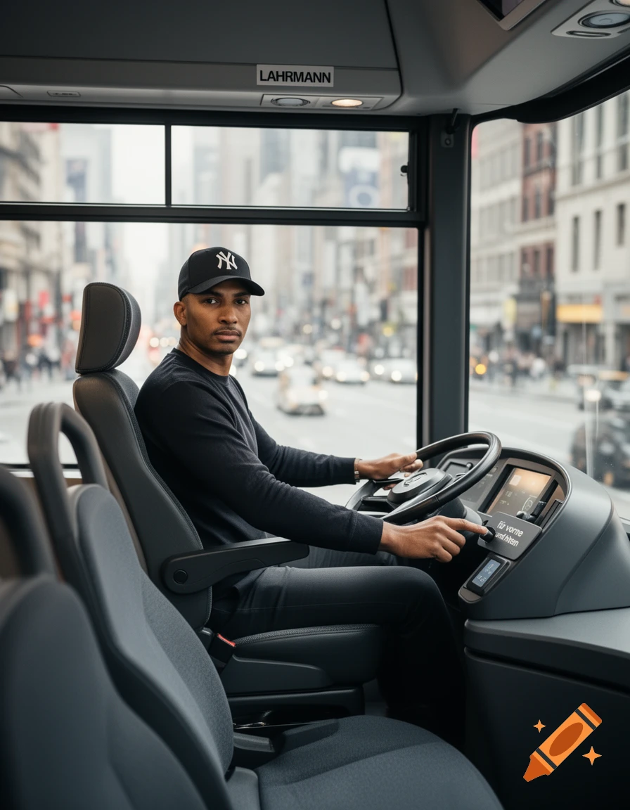 A man in a black New York Yankees cap drives a bus in a city, looking directly at the viewer.