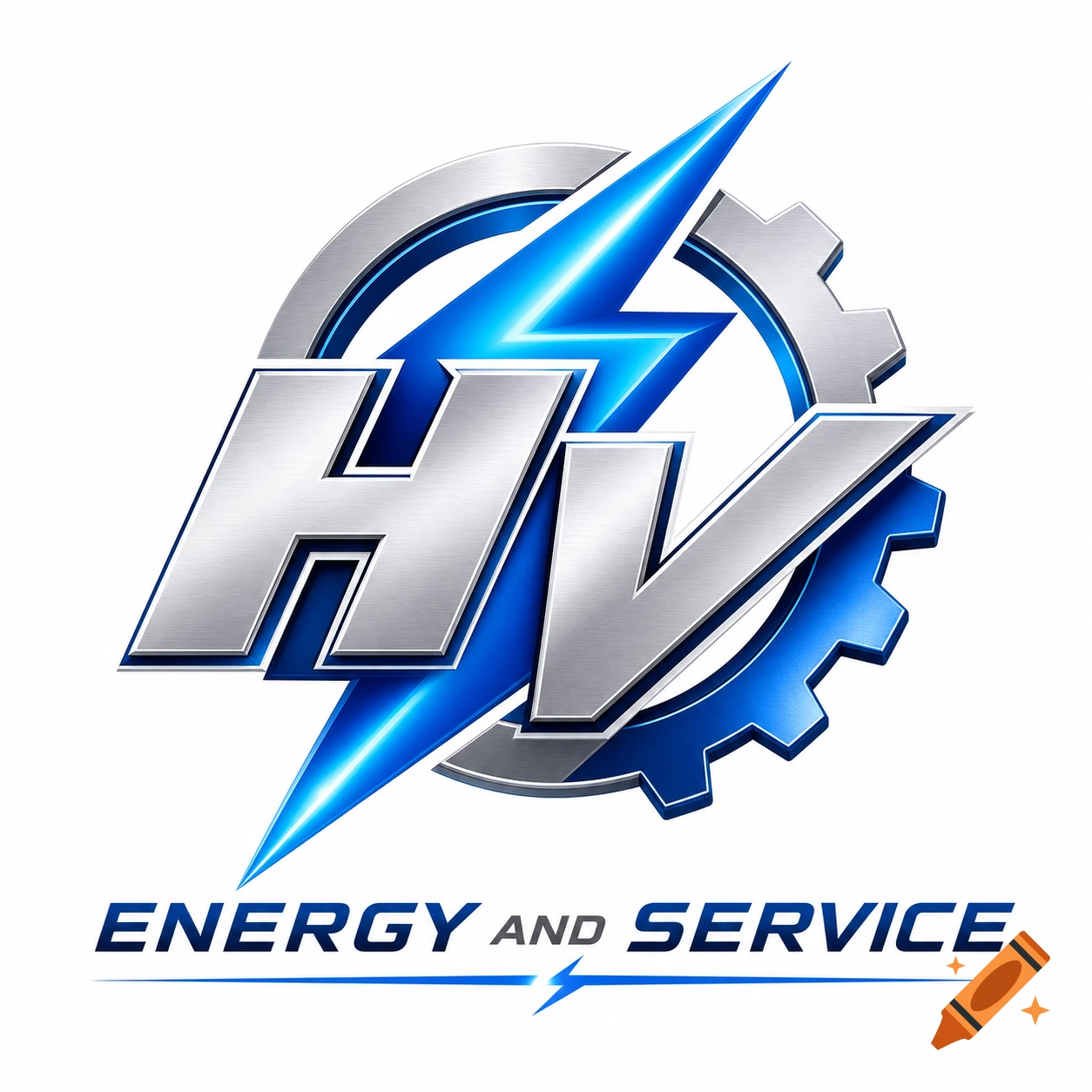 Metallic silver and blue logo with 'HV' and a lightning bolt on a gear, 'ENERGY AND SERVICE' text below.
