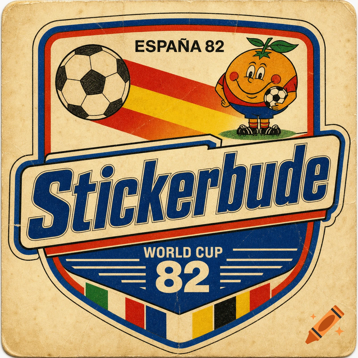 Vintage sticker for 'Stickerbude' with an orange mascot, soccer ball, 'ESPAÑA 82', and 'WORLD CUP 82'.