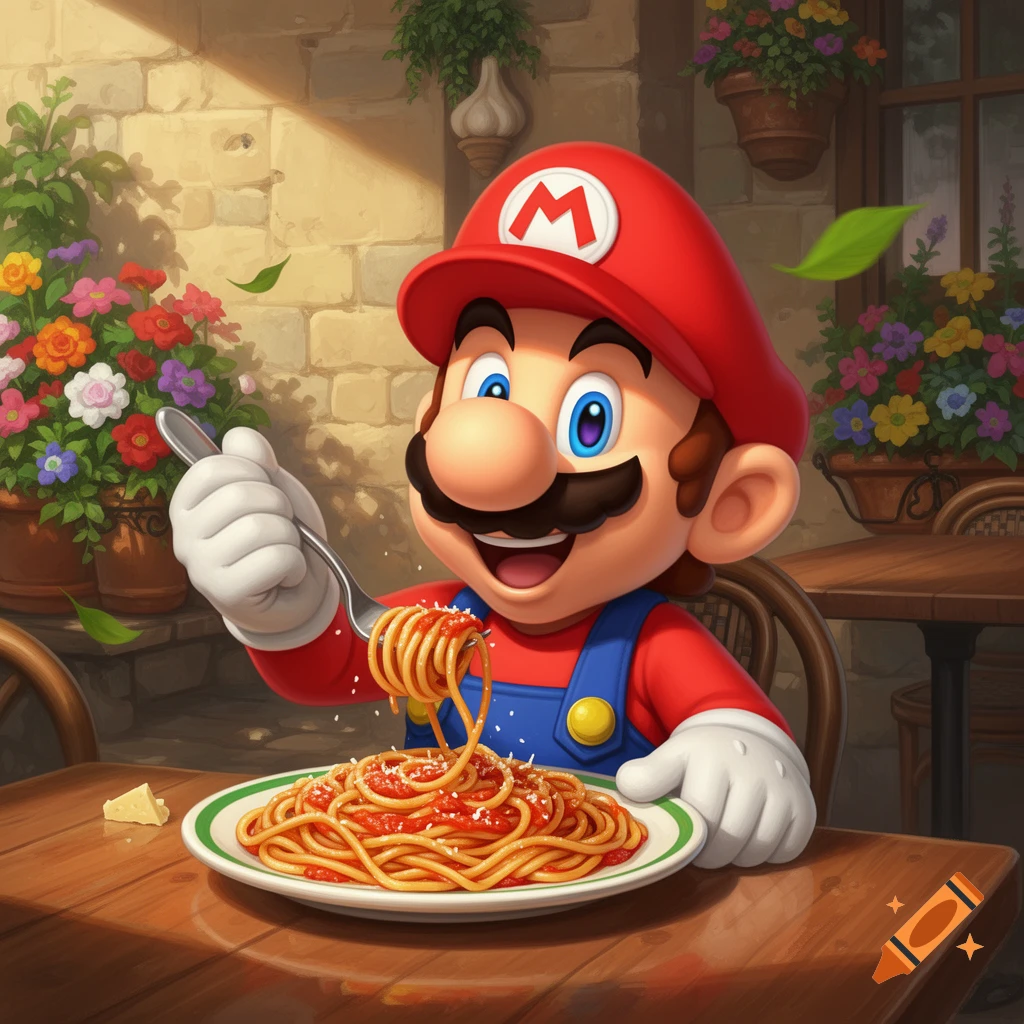 Super Mario in his red hat and blue overalls sits at a table outdoors, happily twirling spaghetti onto a fork from a plate.