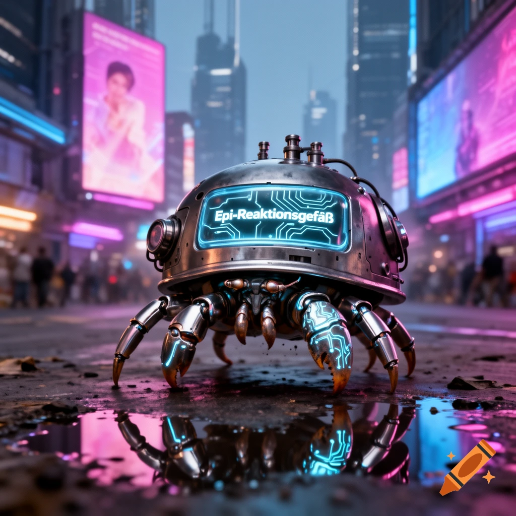 A metallic cyberpunk robot resembling a hermit crab with a glowing screen on its shell, reflecting in a puddle on a neon-lit city street.