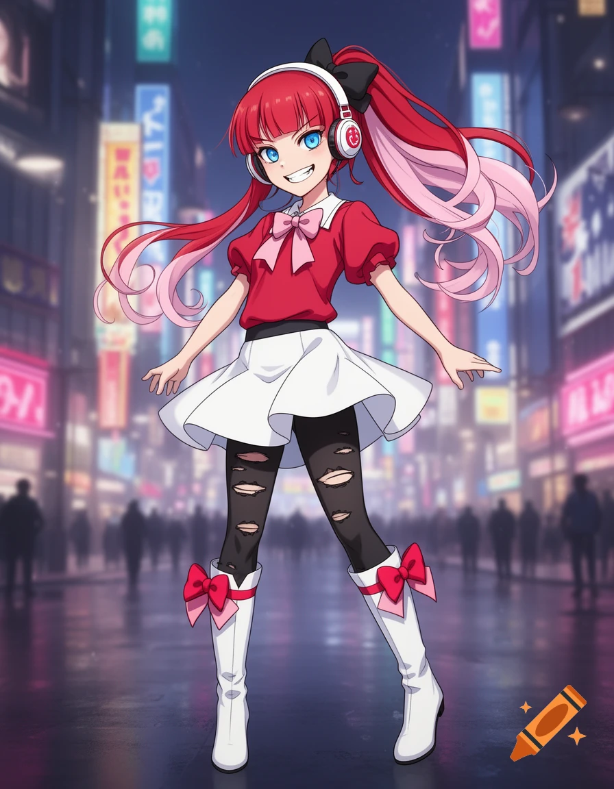 A red-haired anime girl with blue eyes, wearing headphones, a red top, white skirt, ripped black tights, and white boots with bows, stands on a city street at night with neon signs in the blurred background.