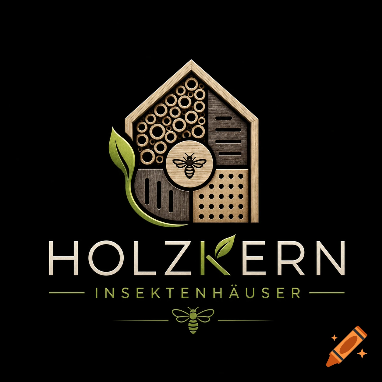 A modern logo for Holzkern featuring a wooden insect house with a bee icon and green leaf, text "HOLZKERN INSEKTENH H USER" on a black background.