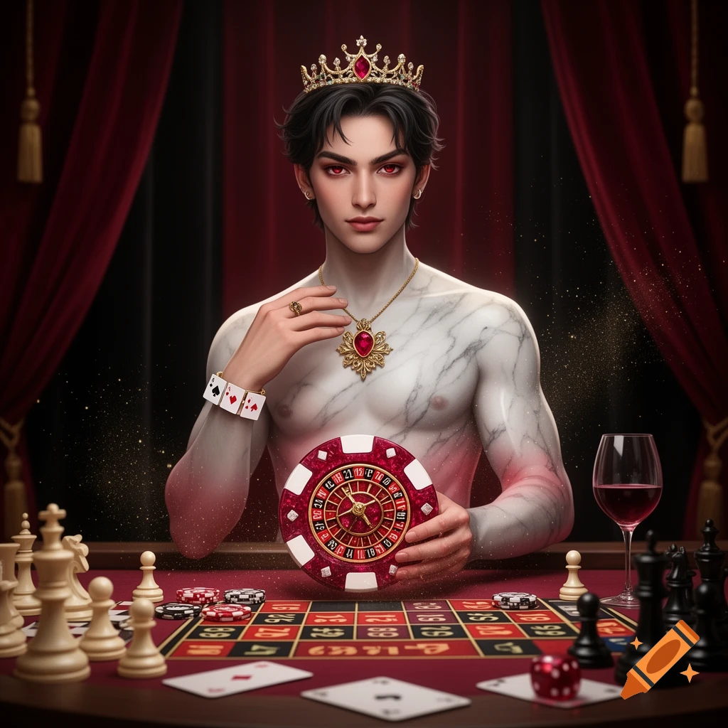 A handsome, pale-skinned figure with a marble texture, wearing a gold crown and necklace, sits at a roulette table holding a roulette wheel. Playing cards and chess pieces surround them.