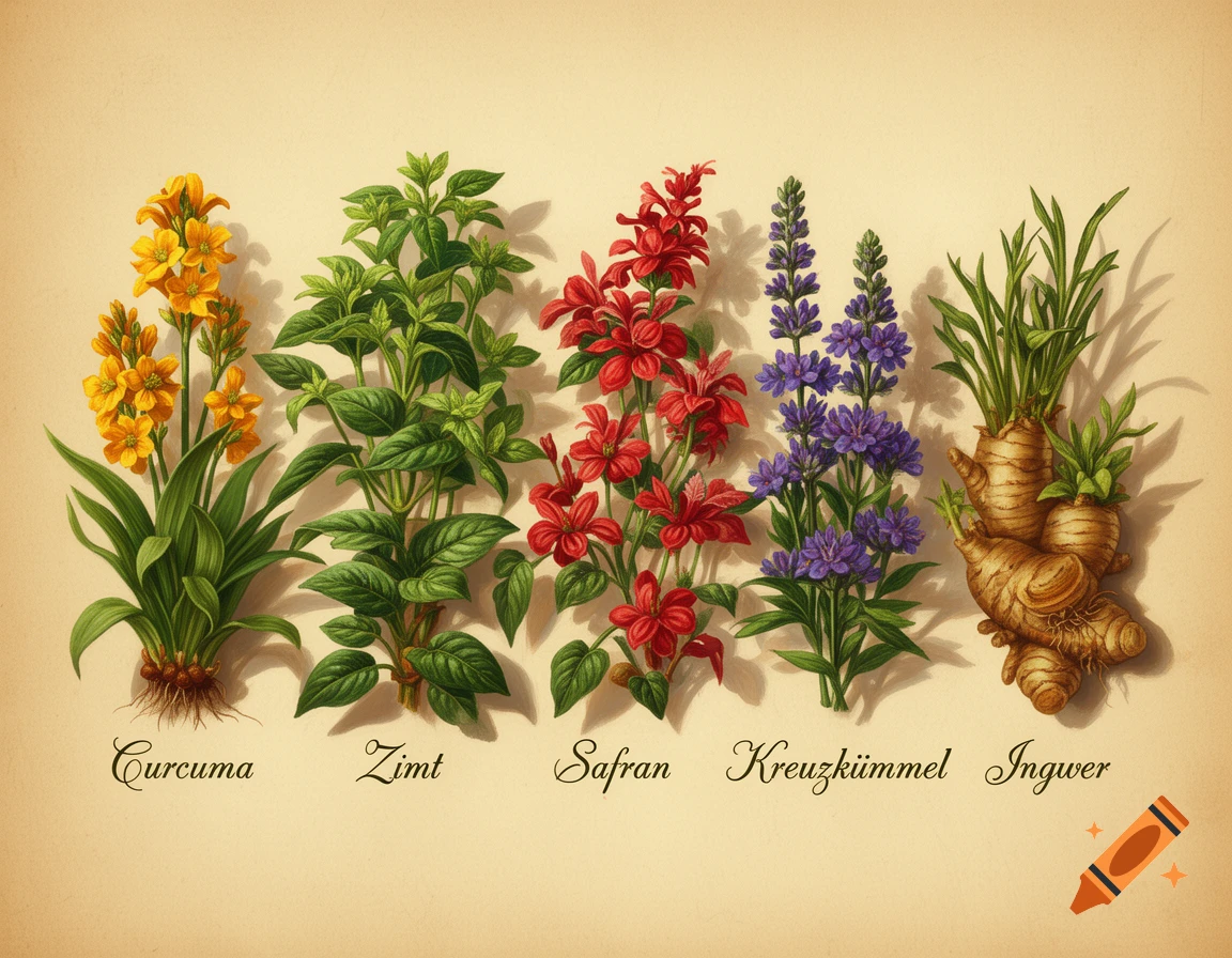 Botanical illustration of five different spice plants with their German names: Curcuma, Zimt, Safran, Kreuzkümmel, Ingwer.
