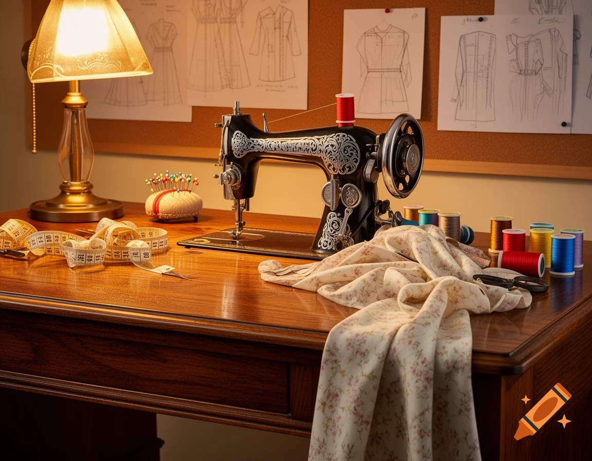 A vintage sewing machine on a wooden desk with fabric, thread, and measuring tape, illuminated by a warm lamp in a creative workspace.