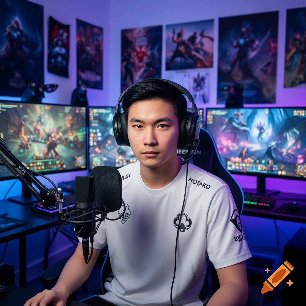 A young male gamer wearing headphones and a white shirt with "HOTAKO" on it, sitting in front of multiple screens displaying video games in a neon-lit room.