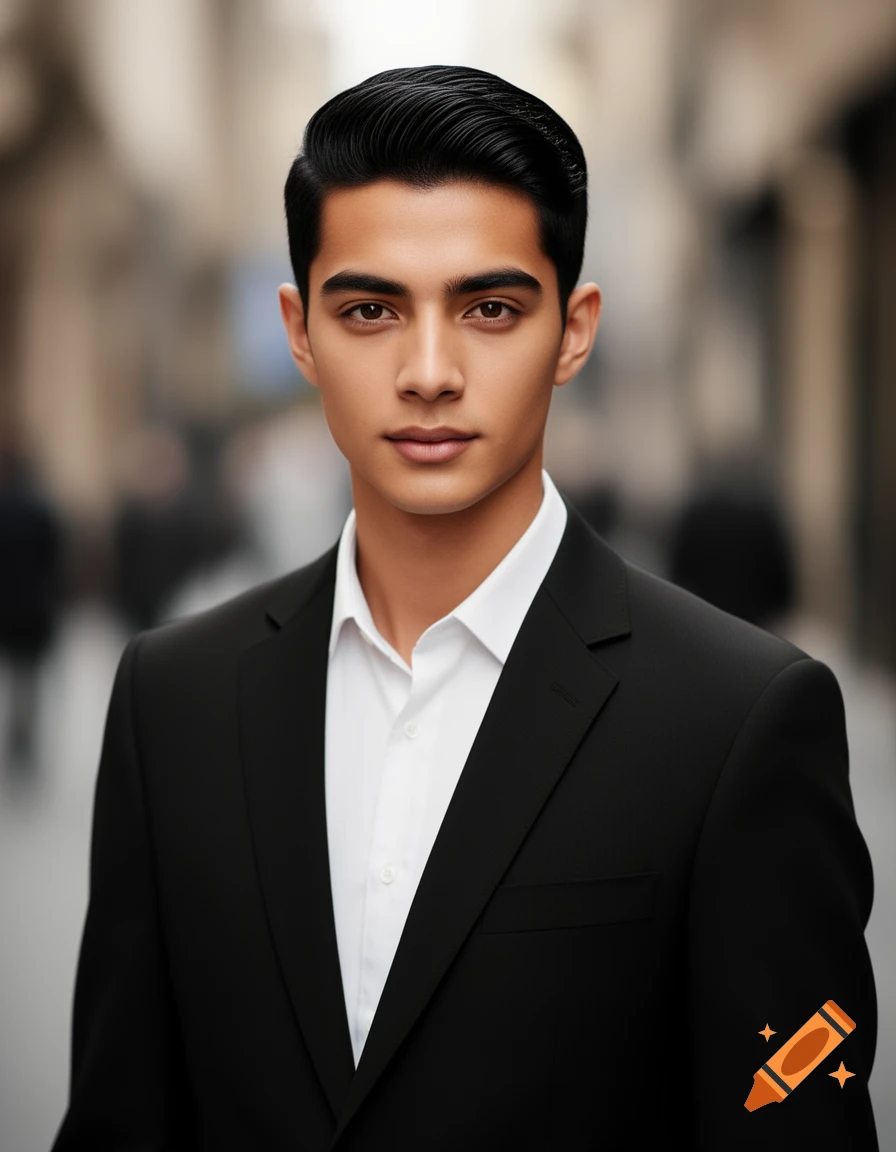 Photorealistic portrait of a young man with dark hair in a black suit and white shirt, against a blurred street background.