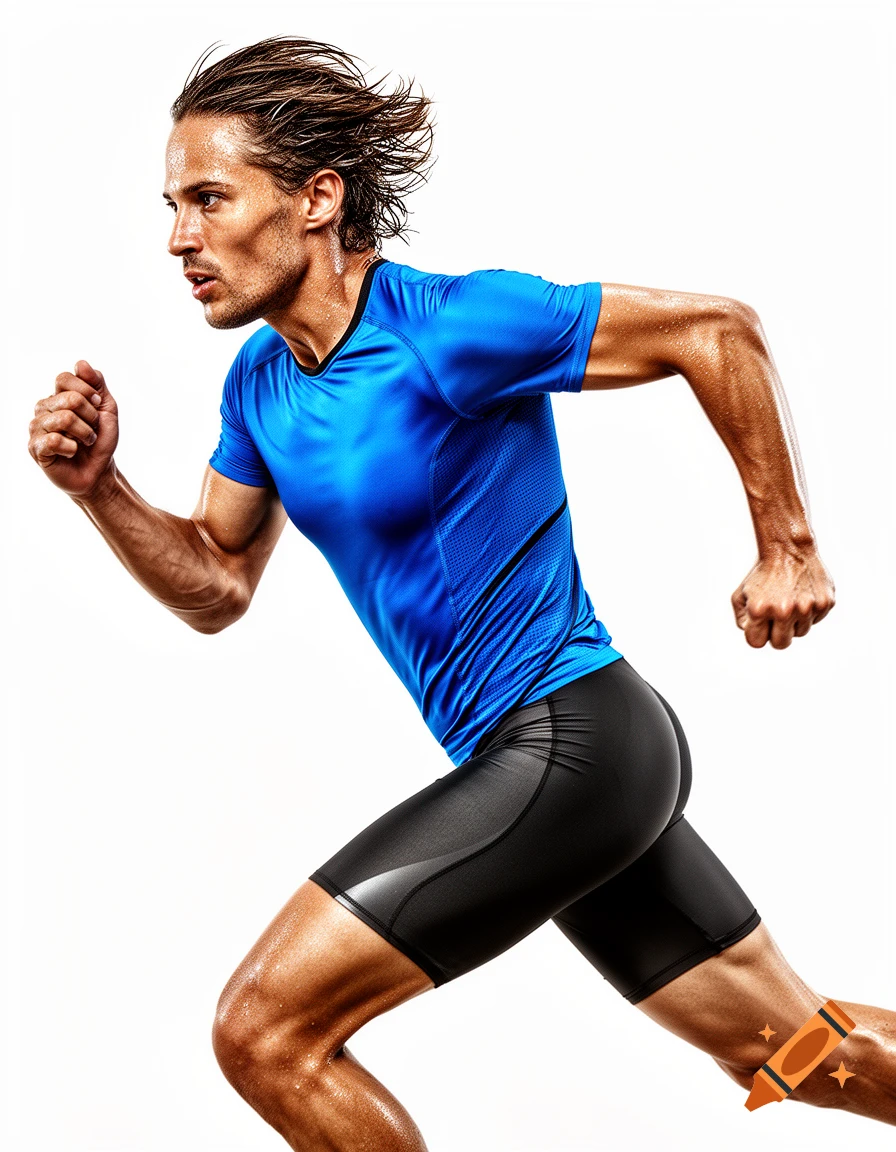 Dynamic shot of a male runner in a blue shirt and black shorts, running to the left on a white background, photorealistic.