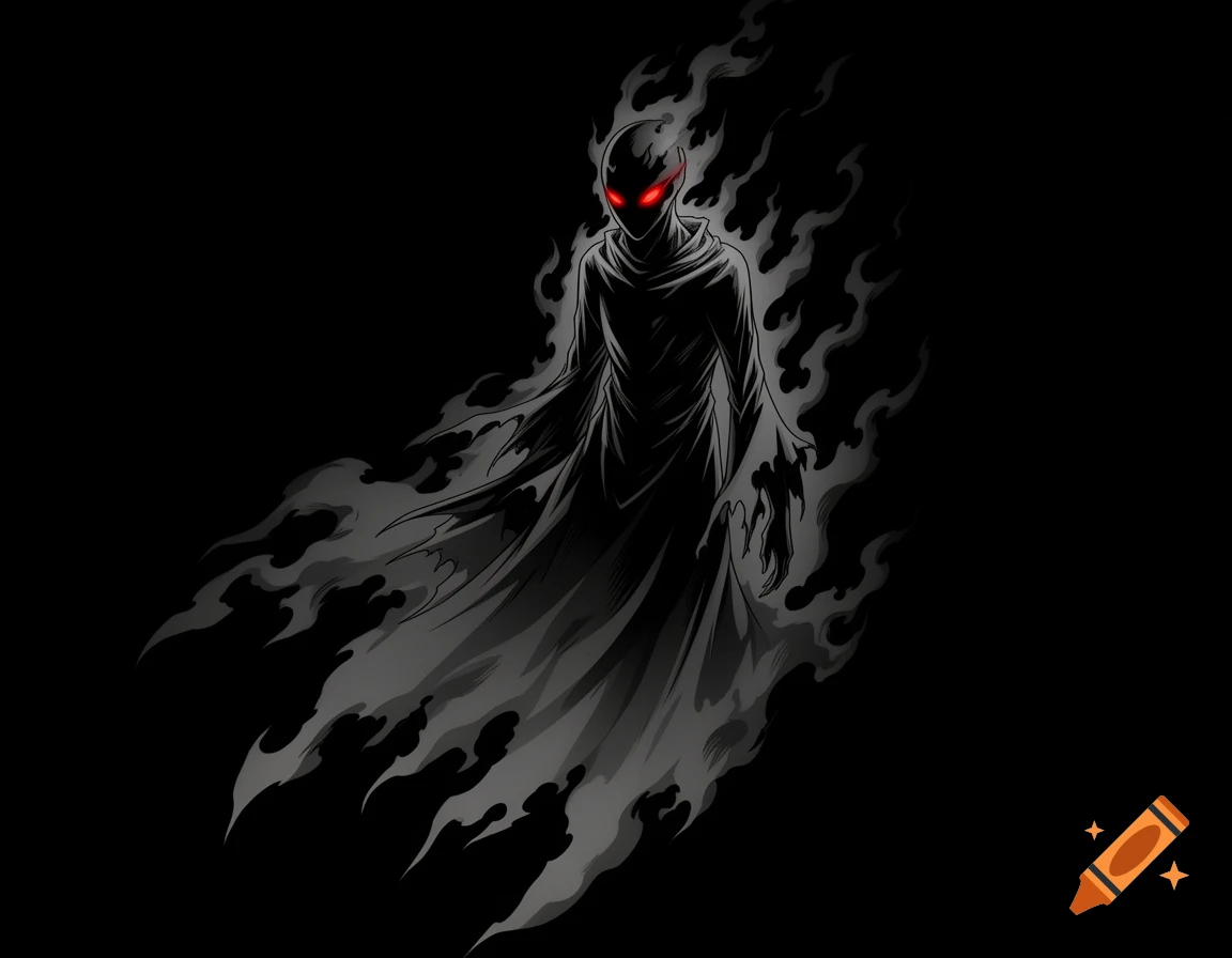 Anime manga style phantom with glowing red eyes and dark smoke on a black background.