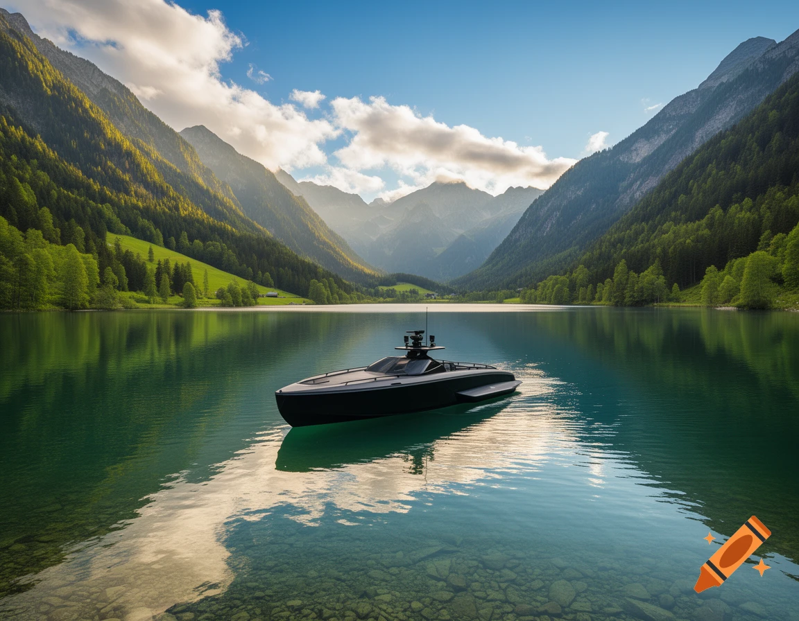 A sleek, dark boat floats on a clear, calm lake surrounded by lush green mountains under a bright, partly cloudy sky.