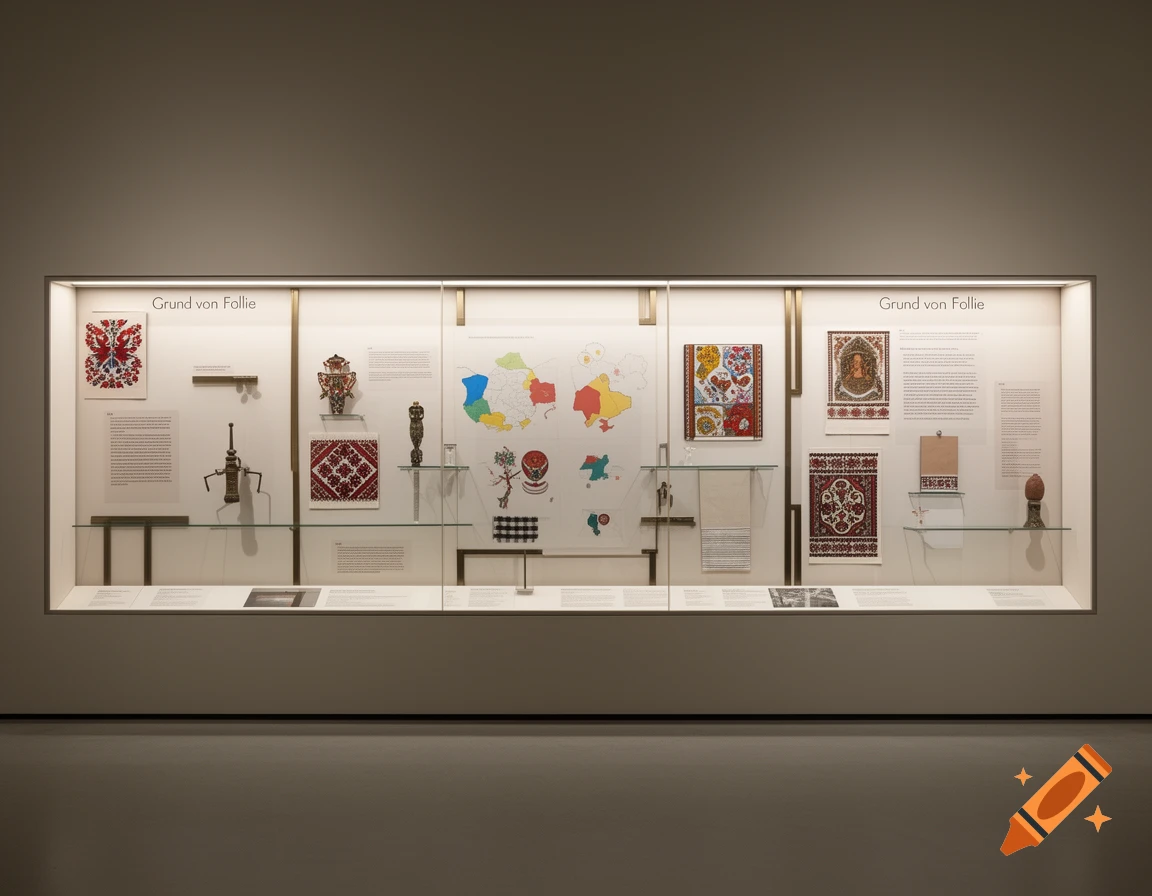 A museum display case showcasing various artifacts, textiles, maps, and information panels about Ukrainian culture.
