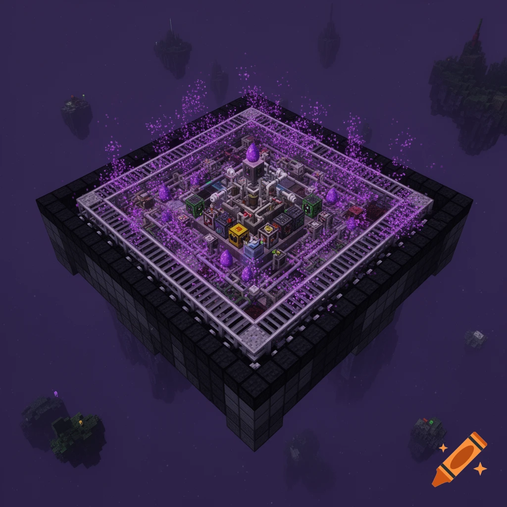 A high-angle orthographic view of a complex, cubical Minecraft mob farm with tech blocks and purple particle effects, hovering in the dark, starry End dimension with distant floating islands.