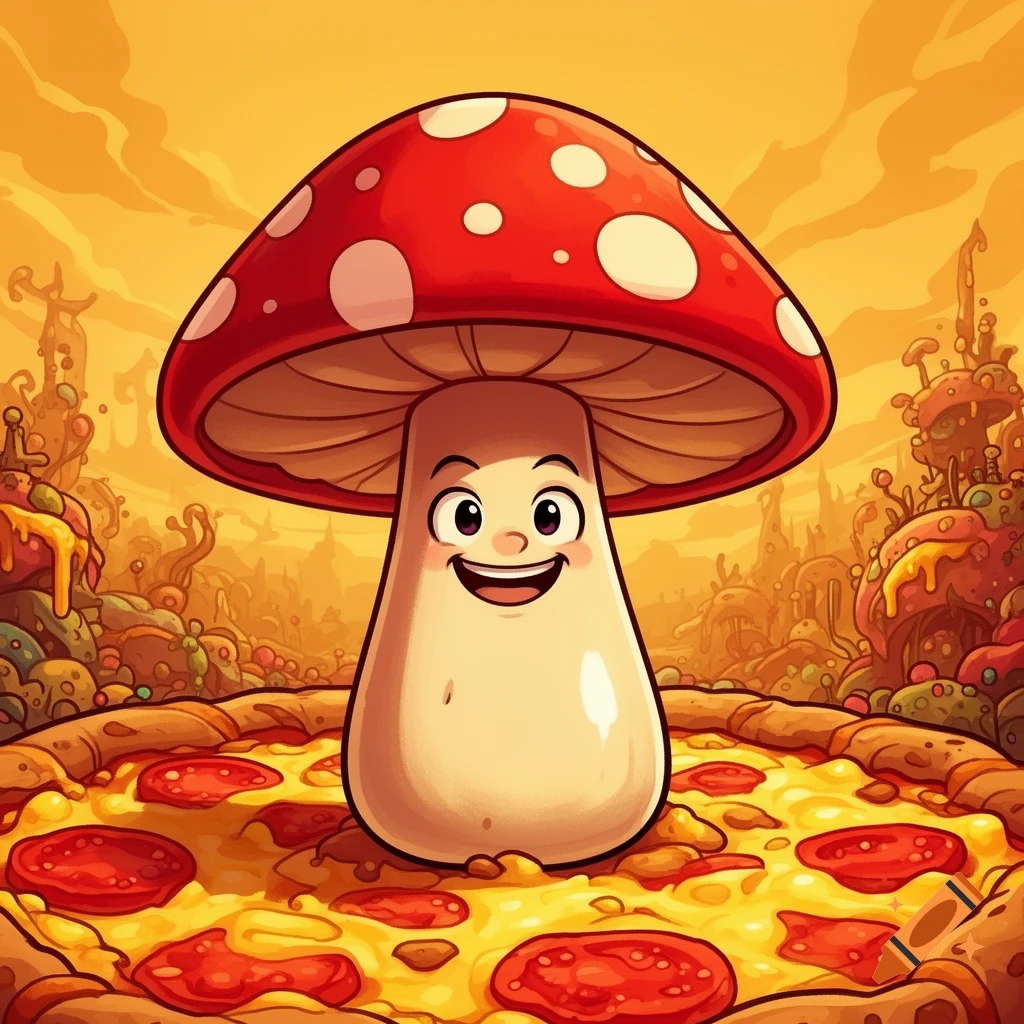 Happy cartoon mushroom with a red spotted cap standing on a pepperoni pizza in a whimsical, orange-hued landscape.