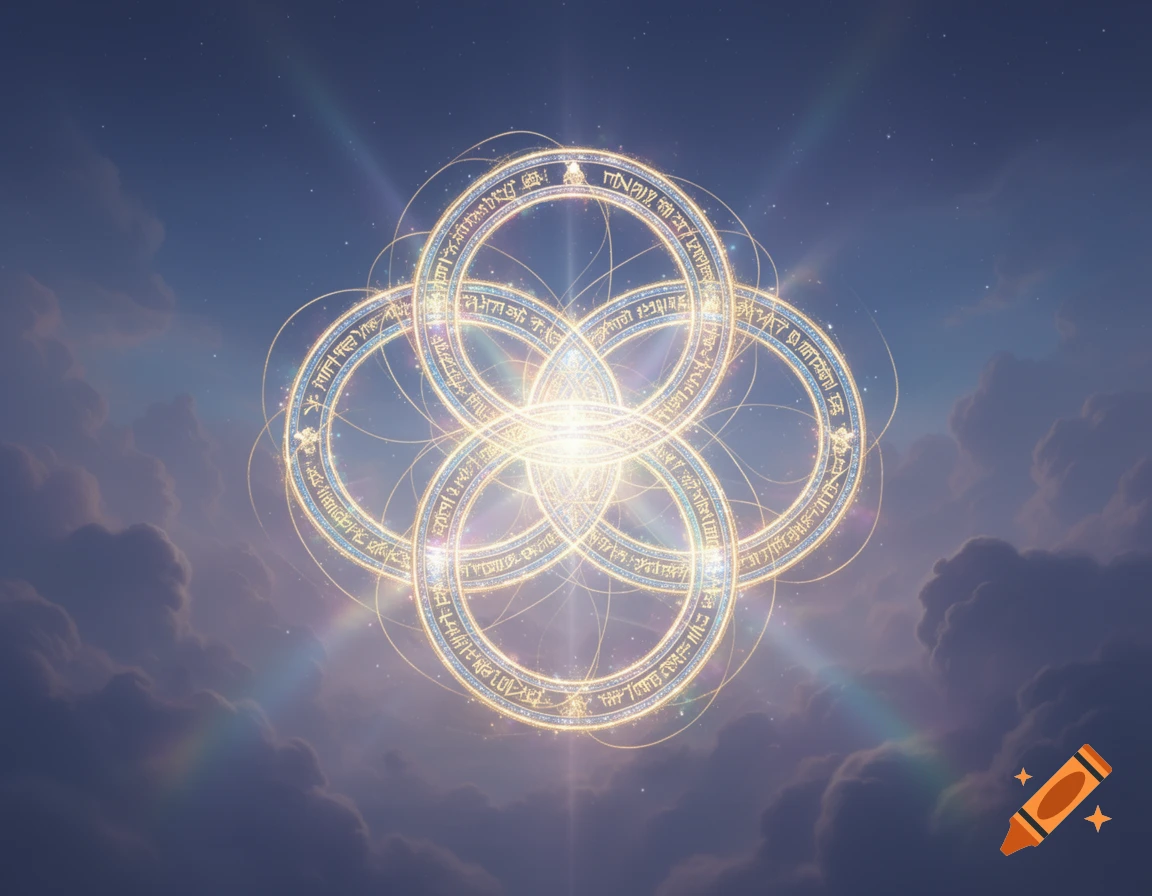 Glowing intertwined celestial rings with intricate symbols float amidst clouds and a bright sky.