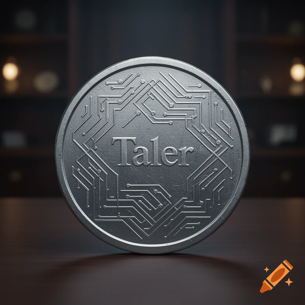 A close-up of a silver coin embossed with the word "Taler" and circuit board patterns, on a dark wooden surface.