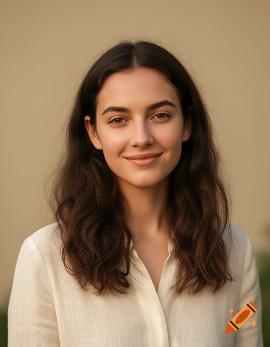 Close-up portrait of a young woman with wavy dark hair, smiling gently, wearing a cream linen shirt against a neutral background.