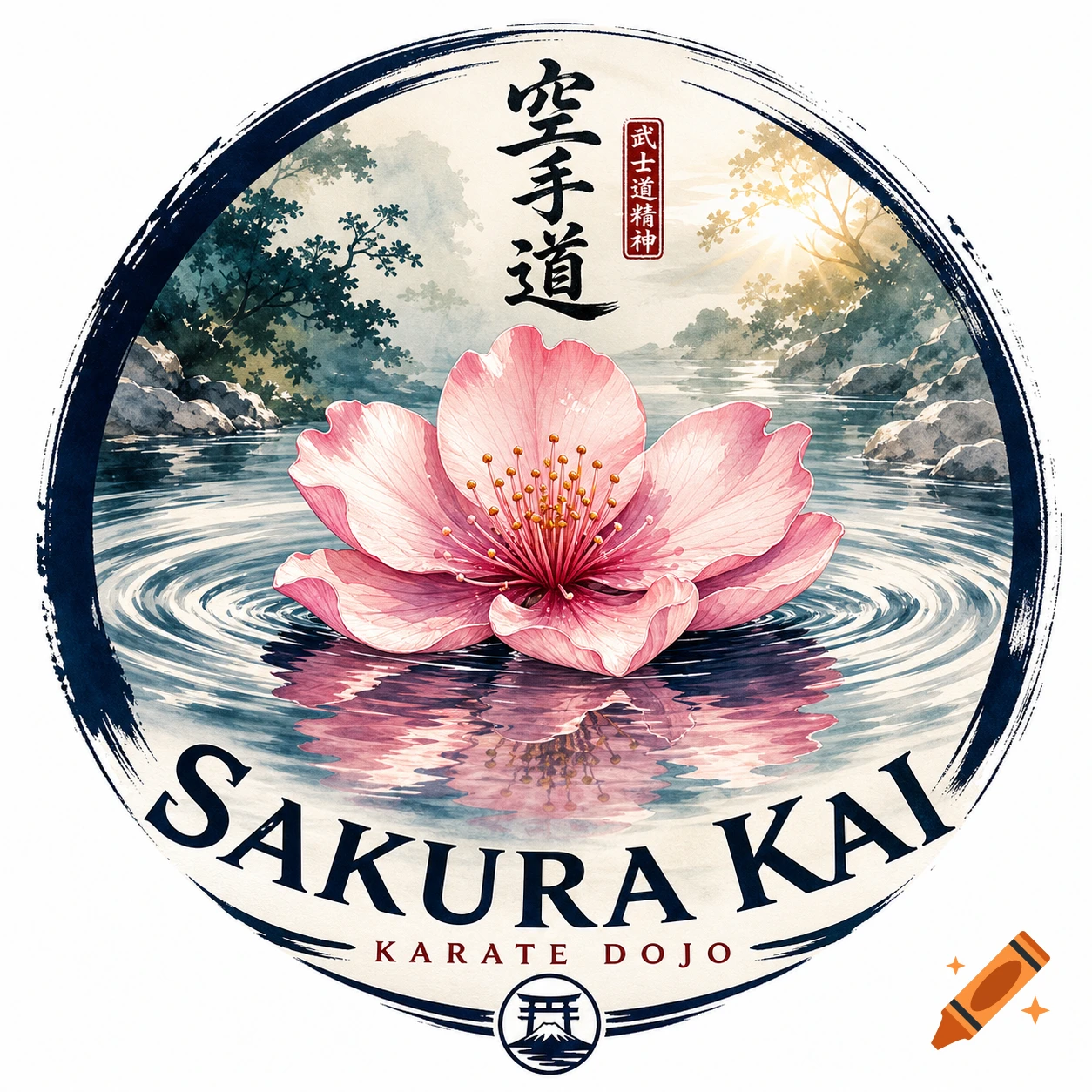 A watercolor karate logo with a pink sakura flower floating on rippling water, a tranquil landscape, Japanese calligraphy, and 'Sakura Kai Karate Dojo' text.