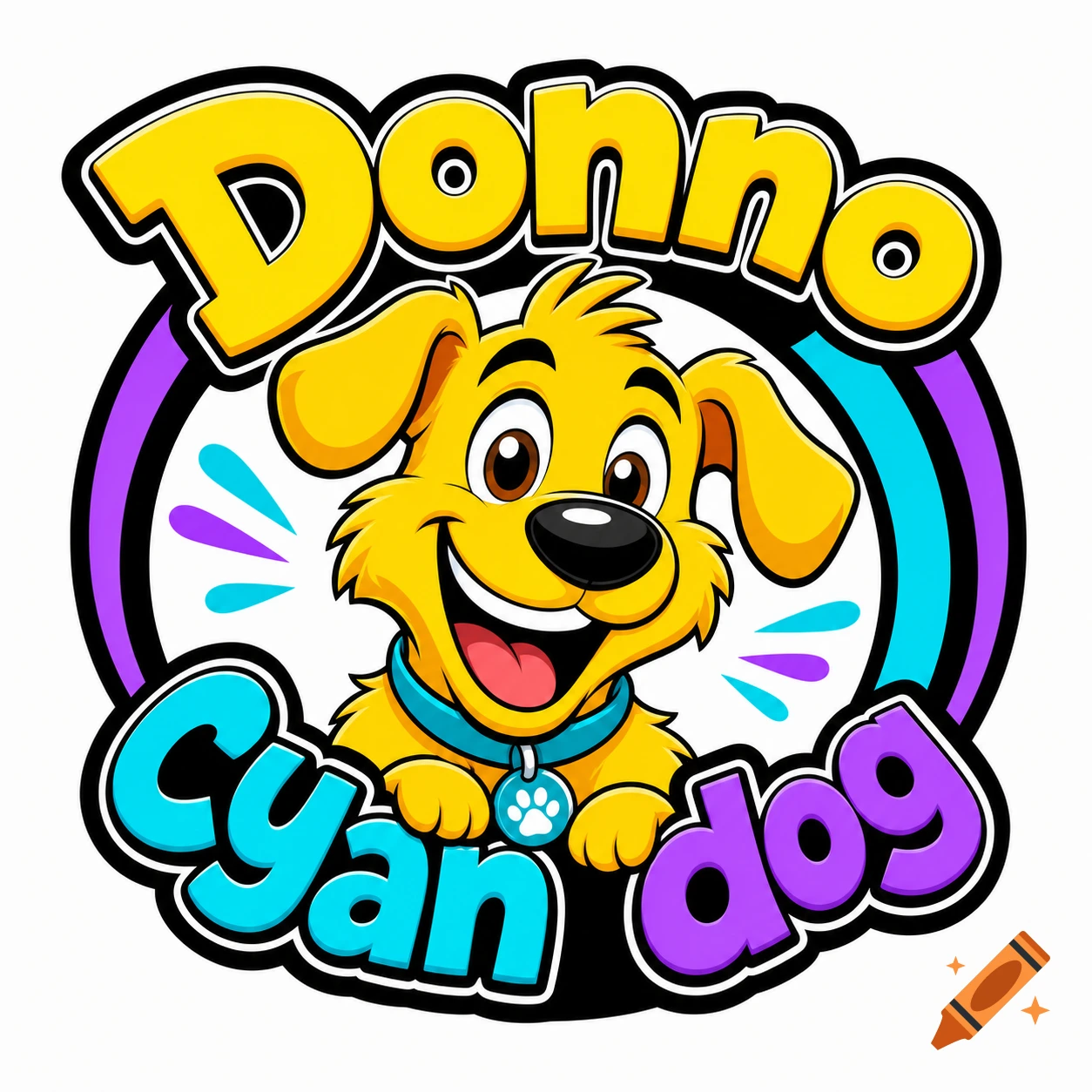 Cartoon logo of a happy yellow dog with text 'Donno Cyan dog' in yellow, cyan, and purple.