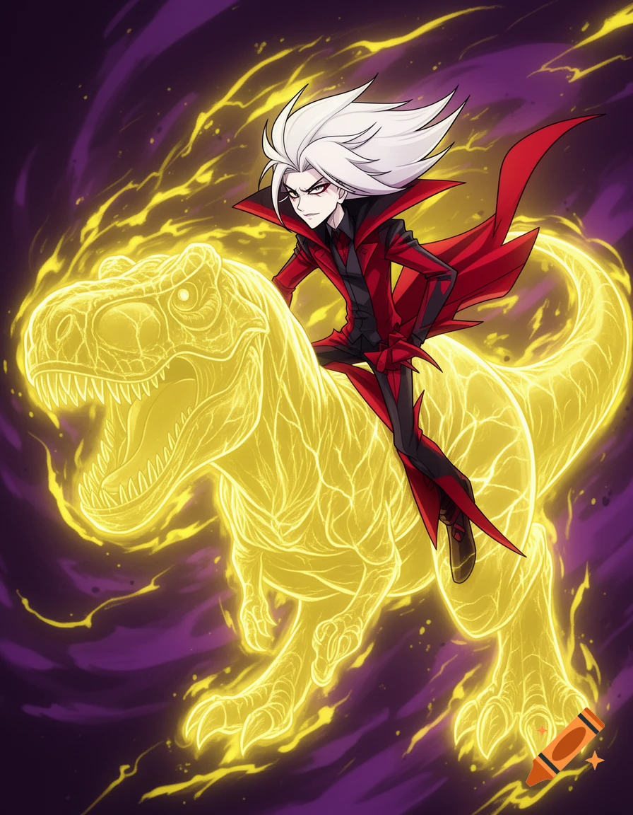 An anime character with white hair and a red suit rides a glowing yellow energy Tyrannosaurus Rex against a purple background.