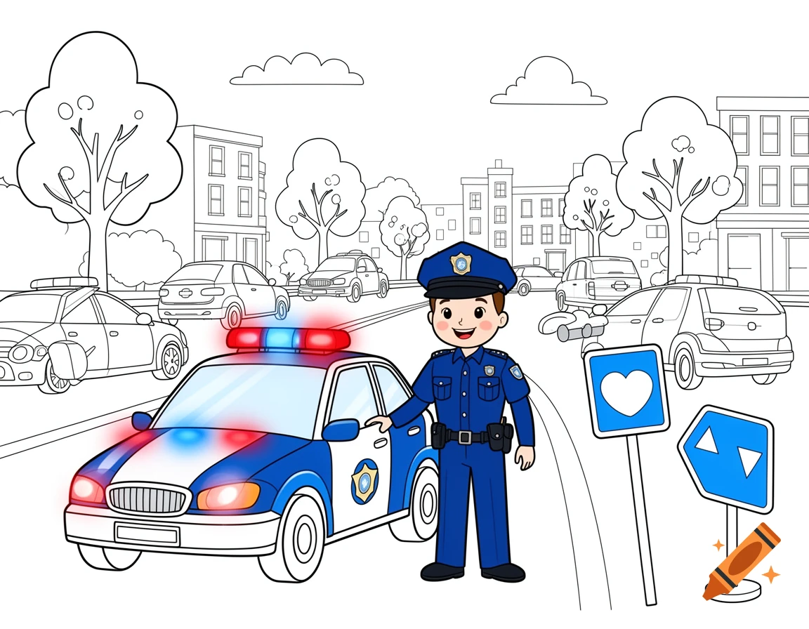 A smiling cartoon police officer stands next to a police car with flashing lights. The background shows a city street with other cars and buildings in a coloring book style.