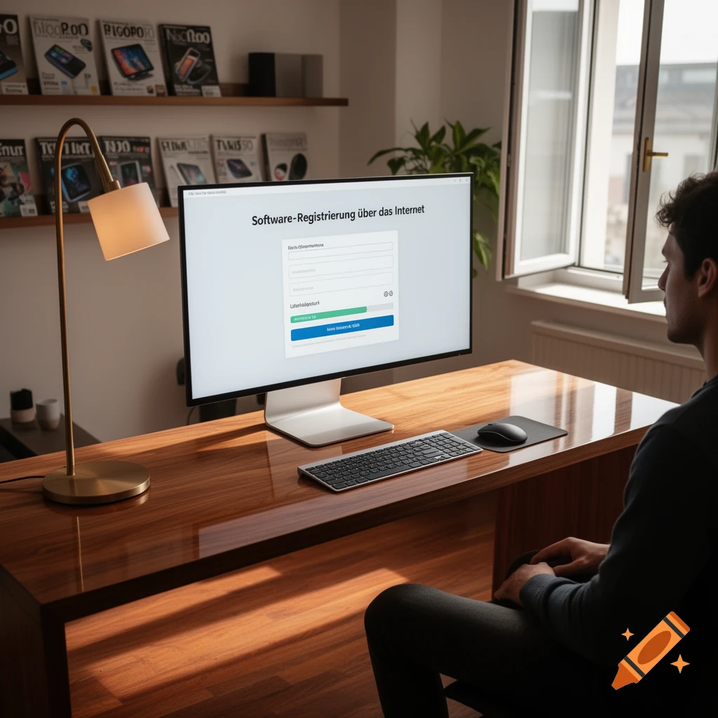 A man sits at a wooden desk looking at a computer screen displaying a software registration form with text "Software-Registrierung über das Internet".