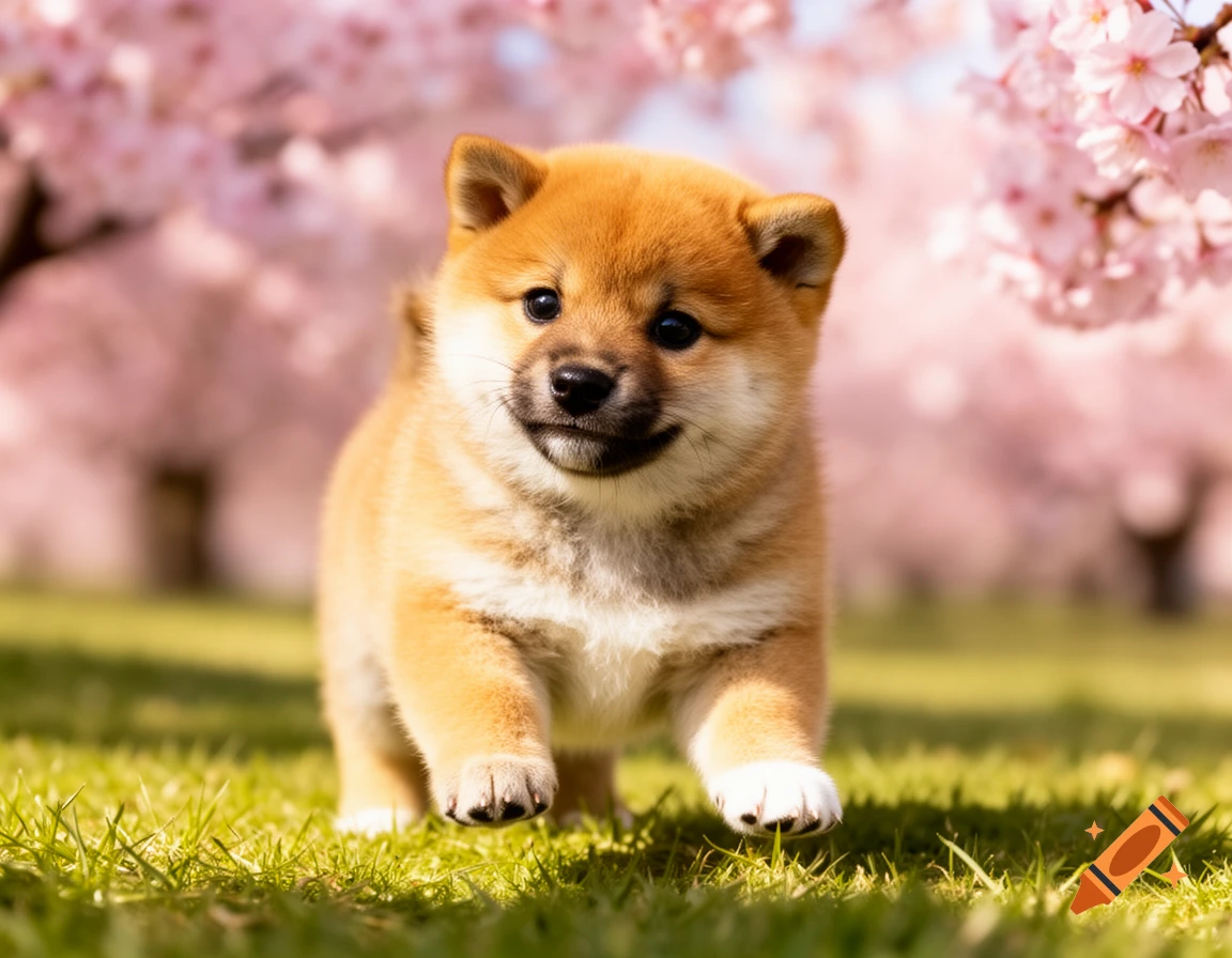 A fluffy Shiba Inu puppy runs across green grass under pink cherry blossom trees in a vibrant, sunny park.