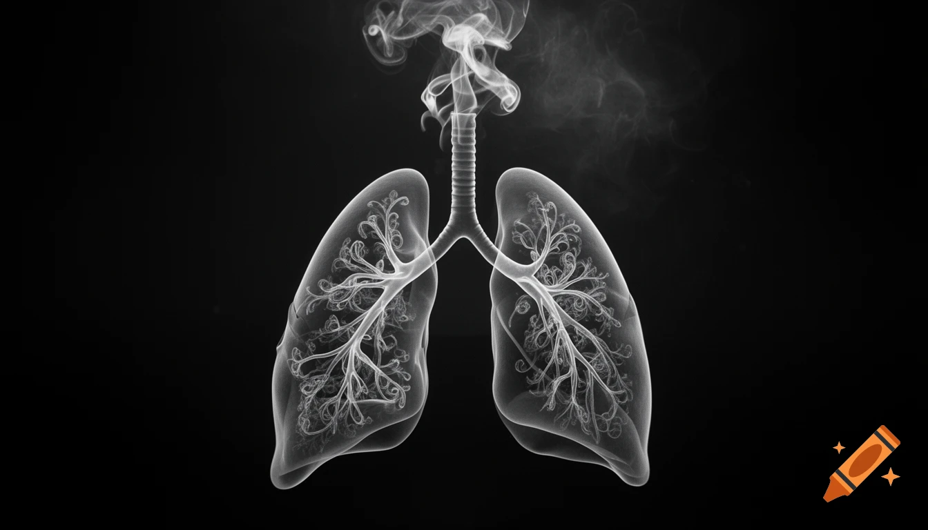 Black and white x-ray style image of human lungs made of swirling smoke, with smoke rising from the trachea, against a dark background.