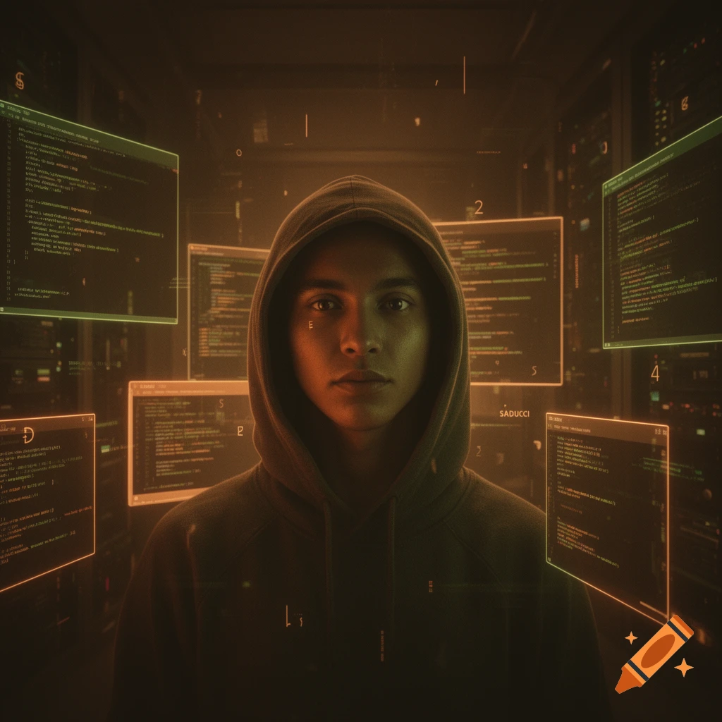 A person in a hoodie looks directly forward, surrounded by multiple glowing green and orange holographic screens displaying computer code and data in a server room, with a dark, moody atmosphere.