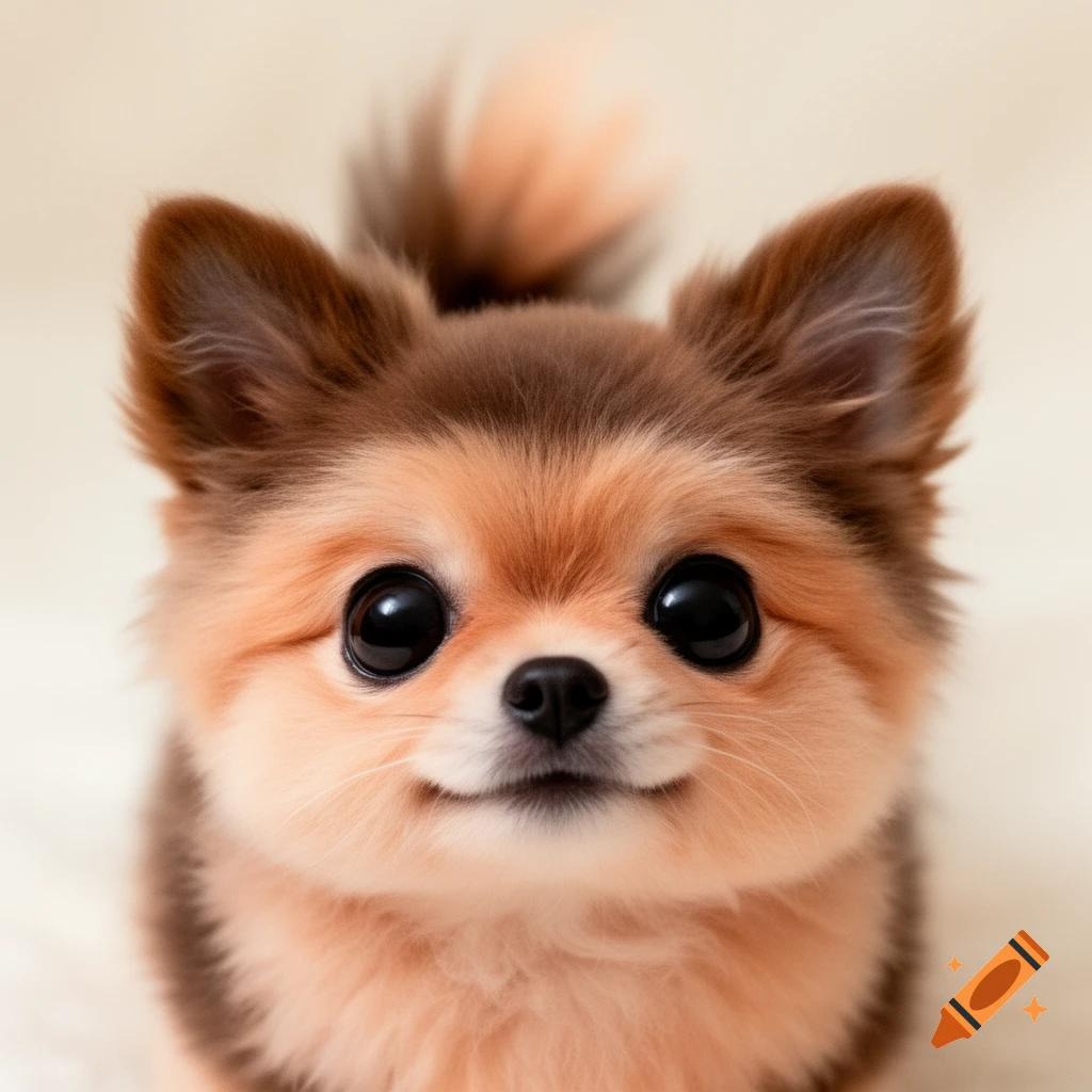 A front view of a cute fluffy puppy with large black eyes and brown and peach fur.