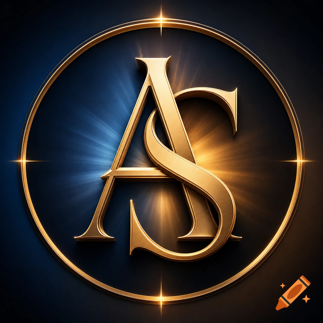 Intertwined gold letters A and S inside a golden circle with glowing light rays on a dark blue background, professional emblem style.