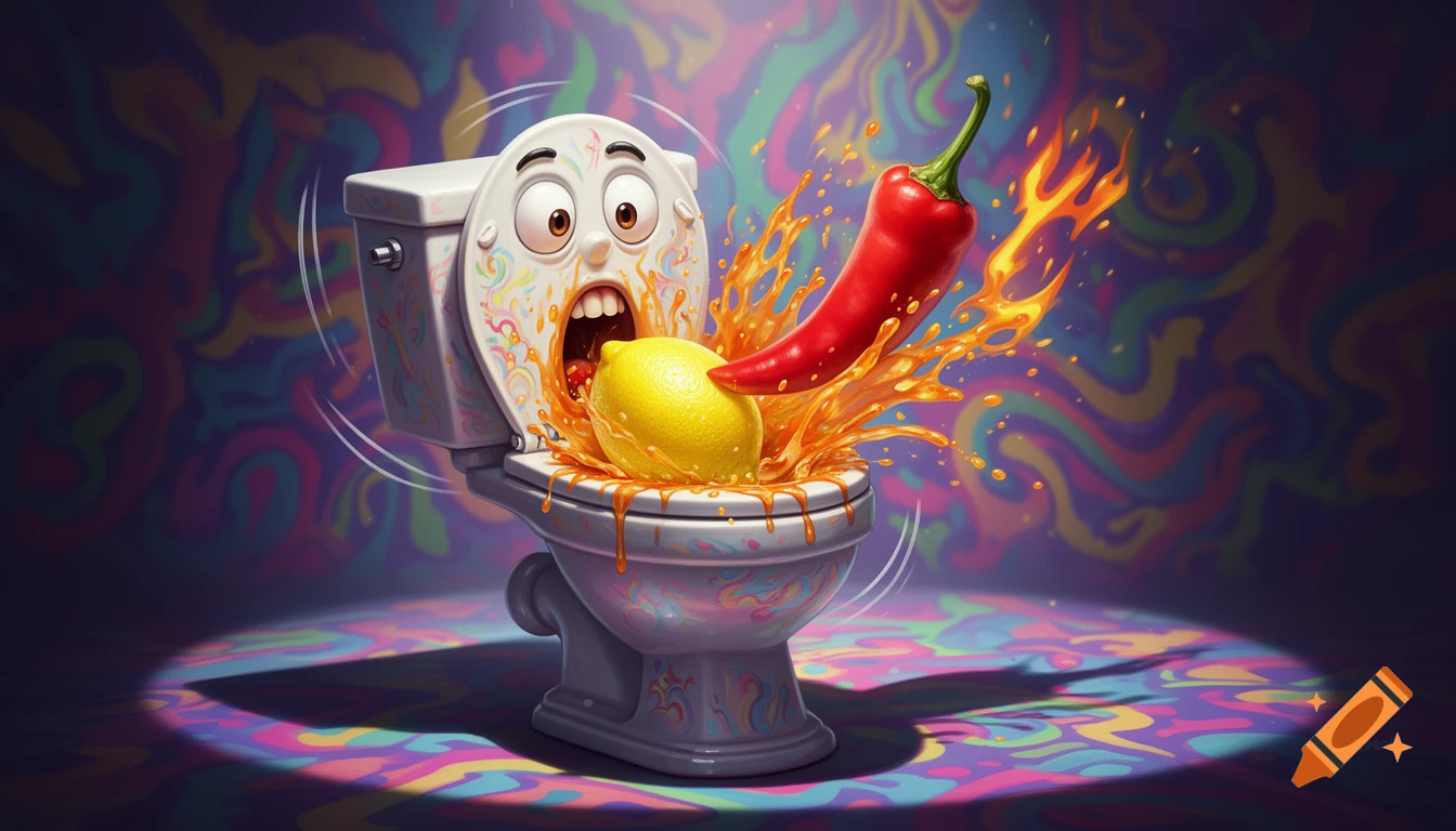 A vibrant cartoon toilet with a screaming face reacts as a lemon and a red chili pepper explode from inside, against a psychedelic background.