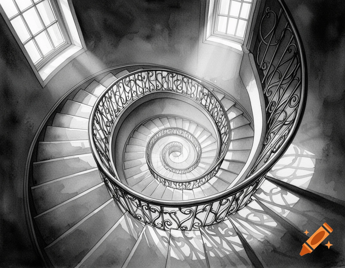 A black and white watercolor and ink illustration of a grand spiral staircase with ornate railings, illuminated by sunlight from windows above.