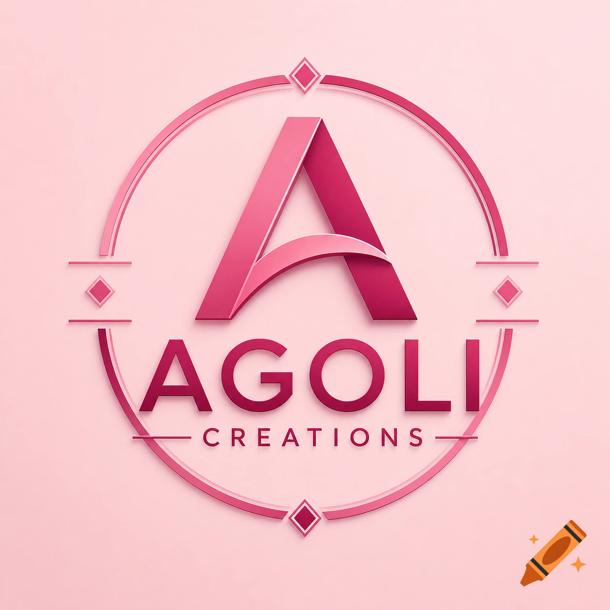 A pink 3D logo featuring a stylized letter 'A' above the text 'AGOLI CREATIONS', all within a circular frame with decorative elements.