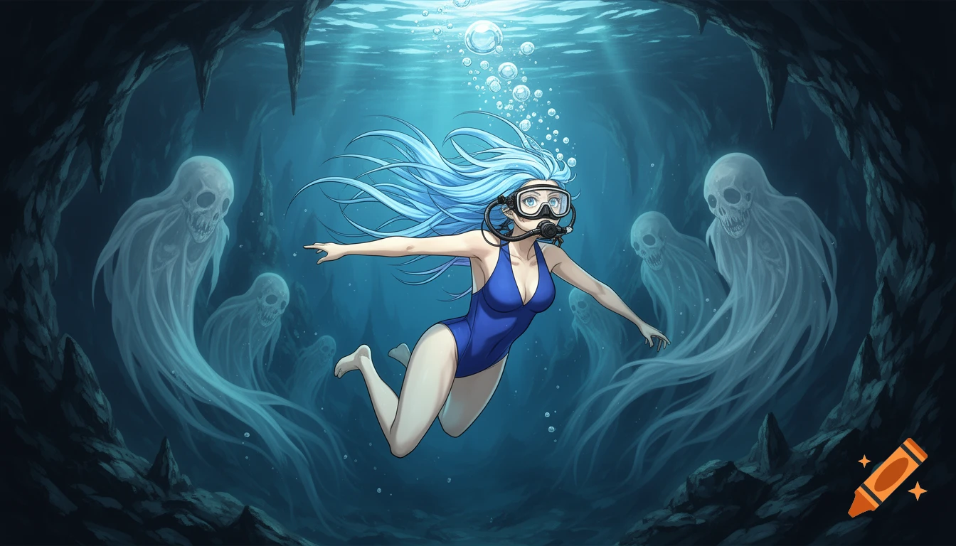 Anime-style woman with blue hair, wearing a blue swimsuit and scuba mask, swims through a dark underwater cave with glowing skeletal ghosts.