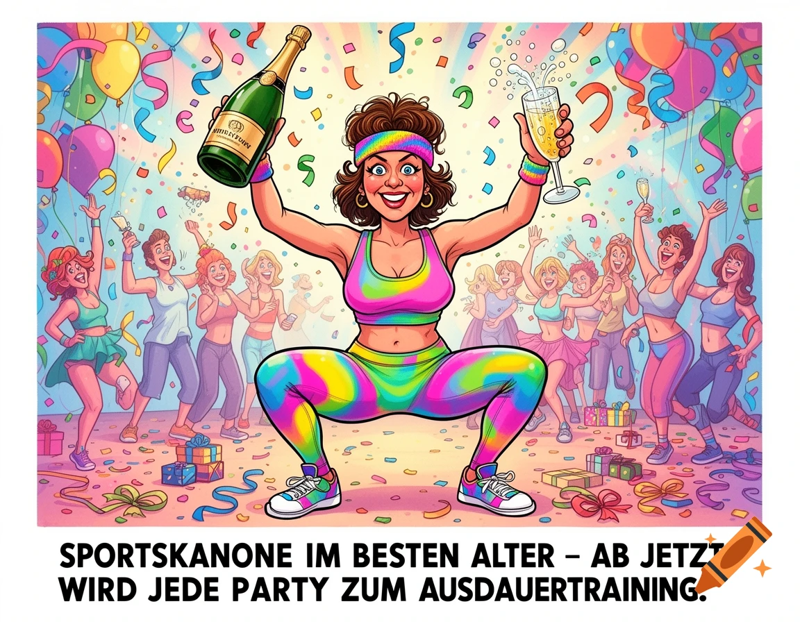 A cartoon illustration of a woman in an 80s aerobics outfit holding champagne and squatting at a party with confetti, surrounded by other celebrating women. German text reads: 'Sportskanone im besten Alter – Ab jetzt wird jede Party zum Ausdauertraining.'