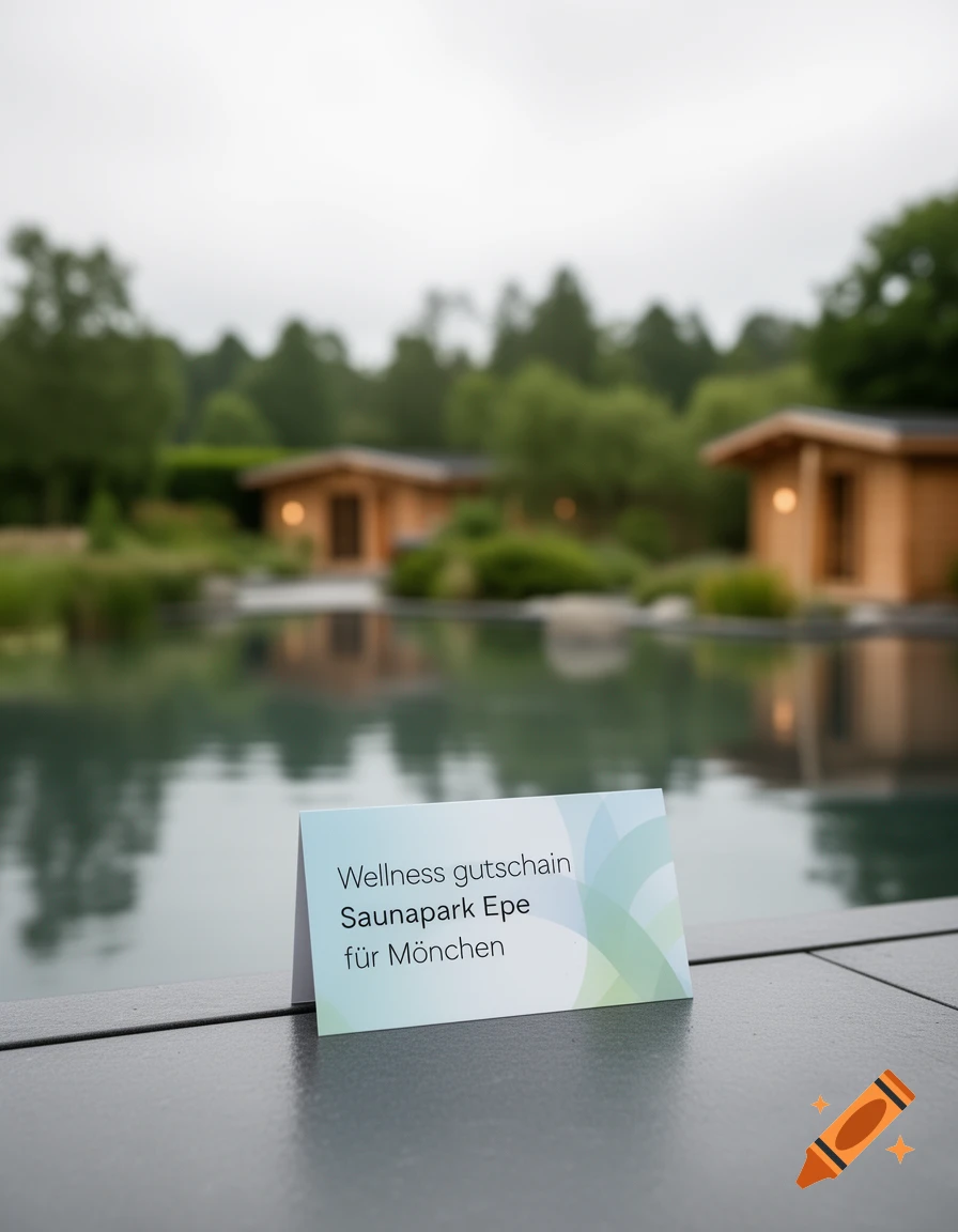 A white wellness voucher with green and blue accents sits on a gray surface, with a blurred background of a spa park and small wooden cabins by a pool.