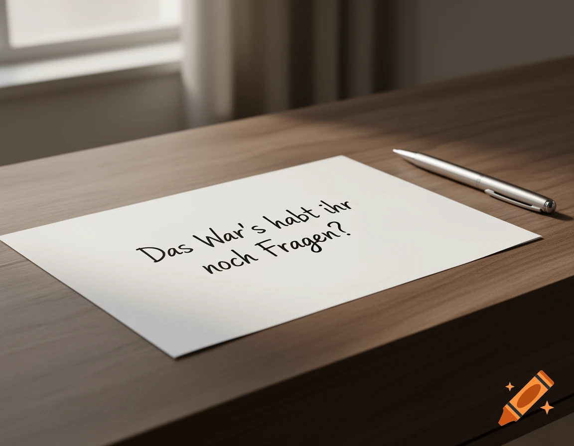 White paper with German text and a silver pen on a dark wooden desk.