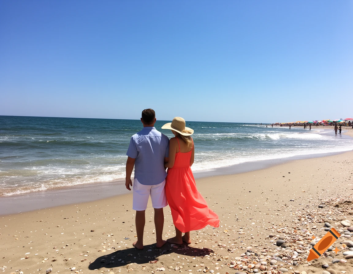 A man in a blue shirt and white shorts and a woman in a coral dress and straw hat stand on a sunny beach looking at the ocean.