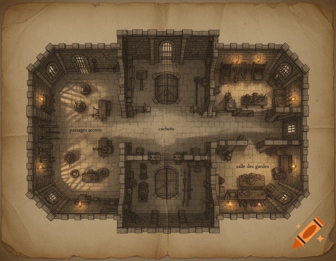 Detailed overhead view of a medieval prison map with cells, guard room, and secret passages, in an old parchment style.