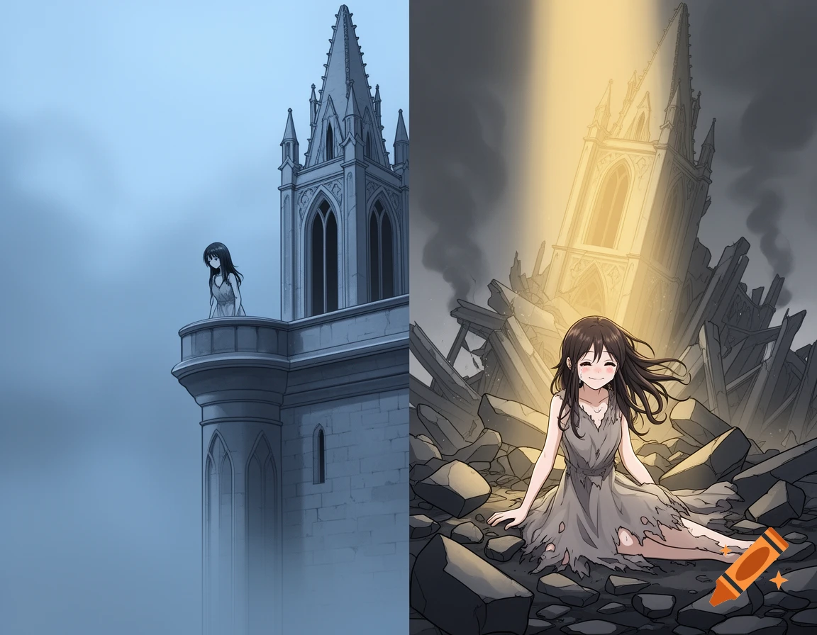Anime girl on a gothic tower in a misty blue sky, and the same girl smiling amidst the ruined tower in golden sunlight, digital art.
