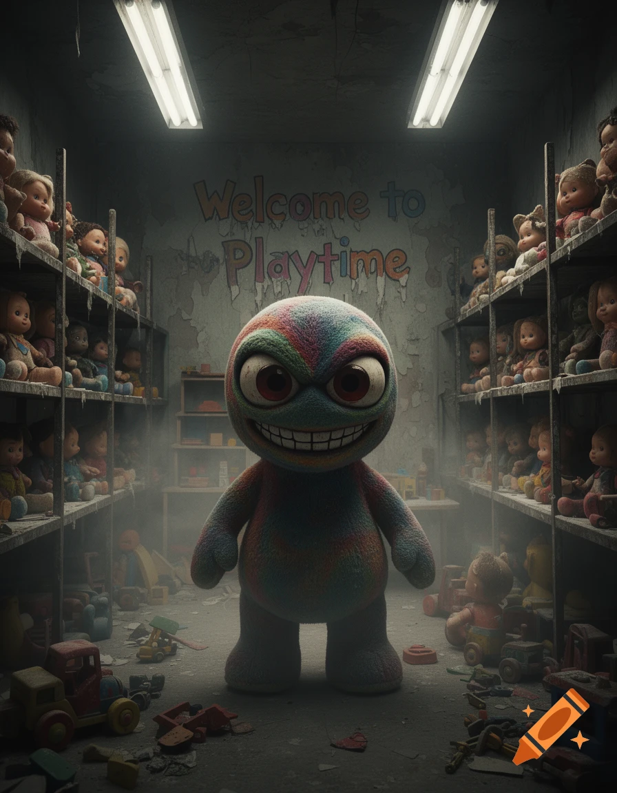 A creepy, colorful, smiling monster toy with big red eyes stands in a dark, dusty room filled with shelves of old dolls and scattered toys.