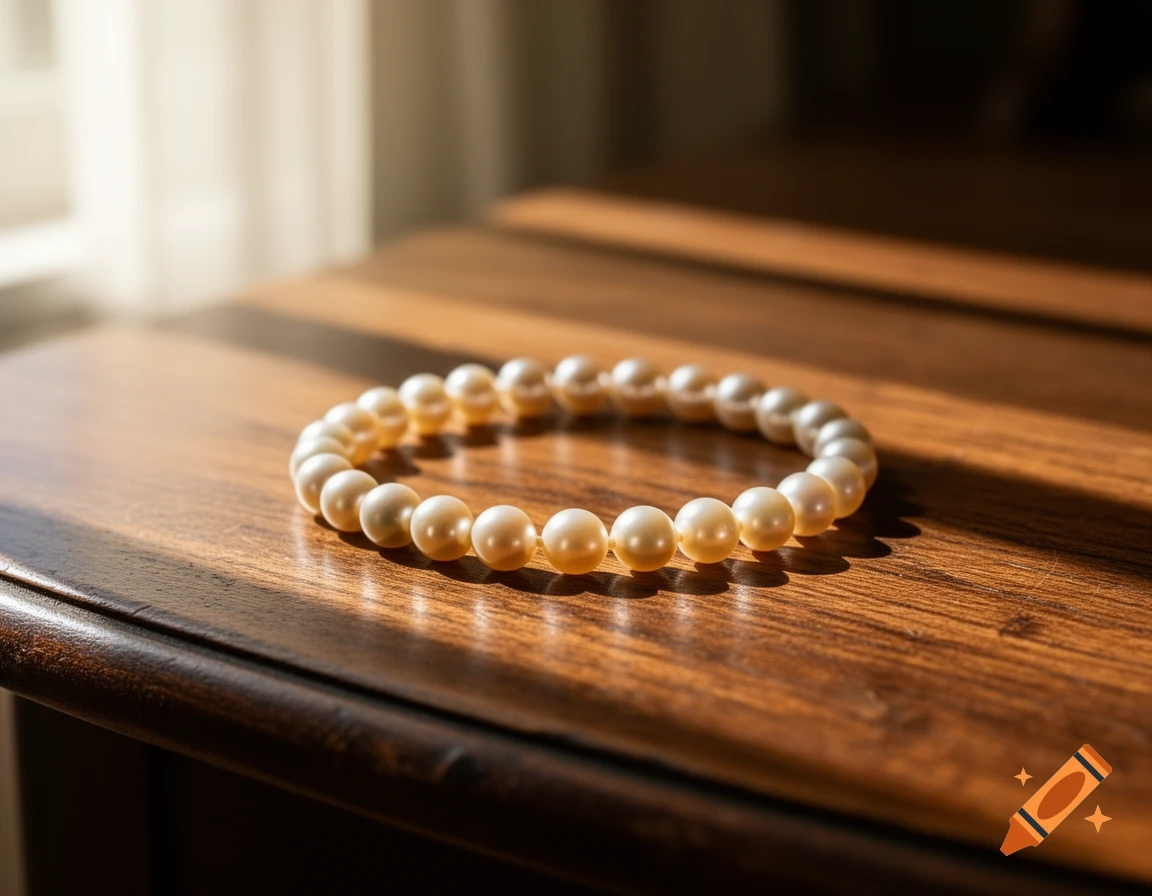 A pearl bracelet rests on a wooden table, partially illuminated by sunlight creating shadows.