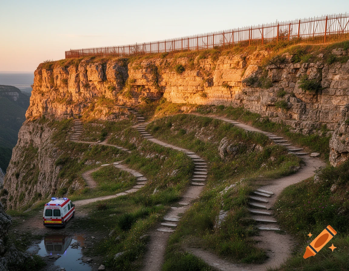 An ambulance is parked at the bottom of a steep, winding pathway leading up a rocky cliff face, topped with a fence, bathed in golden hour light.
