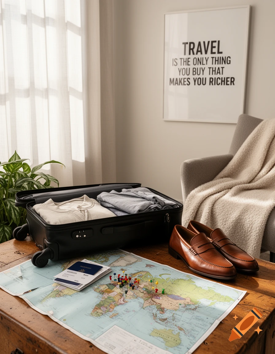 A suitcase, map with pins, passport, and brown loafers on a wooden table, set for travel.