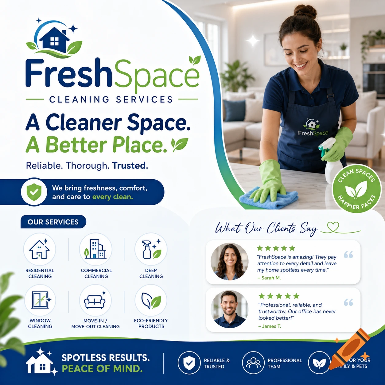 A vibrant advertisement for 'FreshSpace Cleaning Services' featuring a smiling cleaner wiping a counter, along with service details and client testimonials.