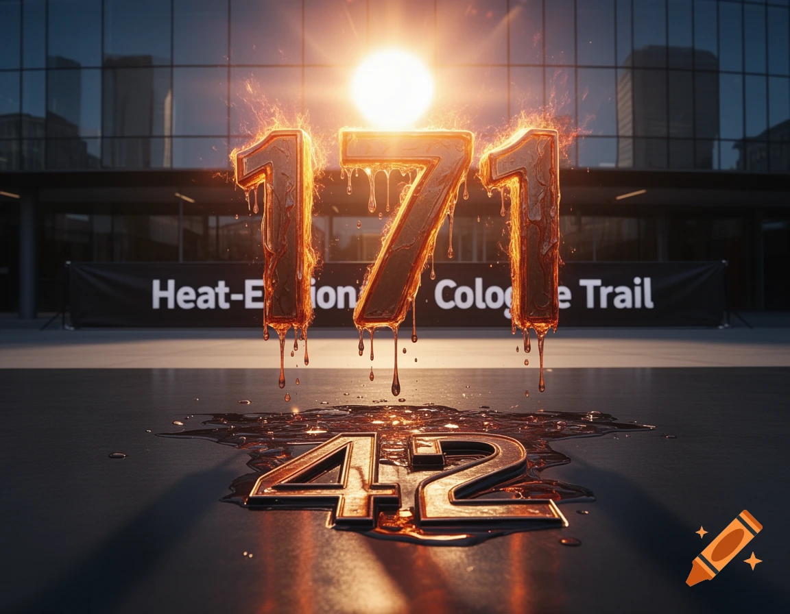 The number 171, ablaze and melting, drips onto the ground to form the number 42, set against an urban building with a banner.